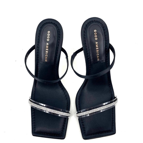 GOOD AMERICAN Open Square Toe Rhinestone Strappy Heels Black Satin Size 5.5 NIB - Picture 4 of 10